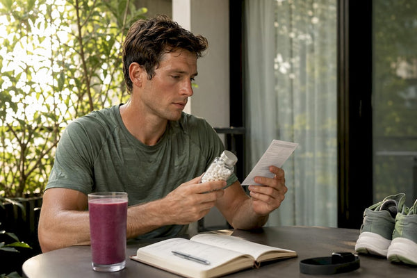 Runner reviewing magnesium supplement bottle indoors