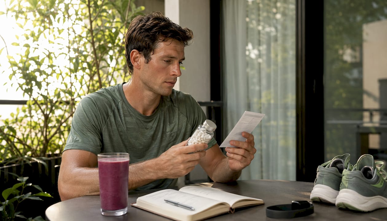 Runner reviewing magnesium supplement bottle indoors