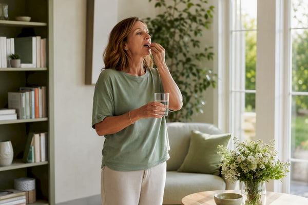 Woman taking magnesium supplement in kitchen