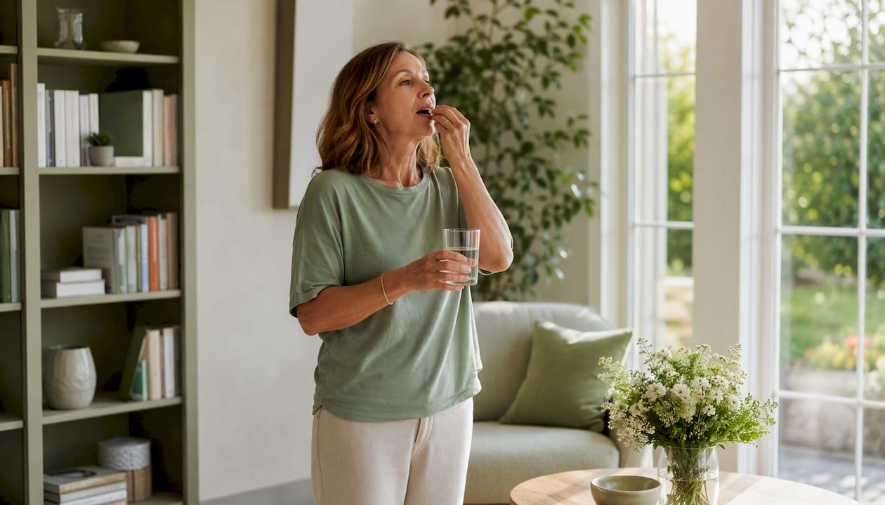 Woman taking magnesium supplement in kitchen