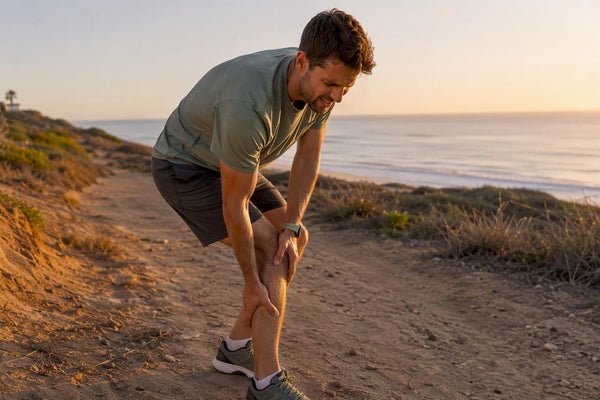 Runner pausing with calf muscle cramp outdoors