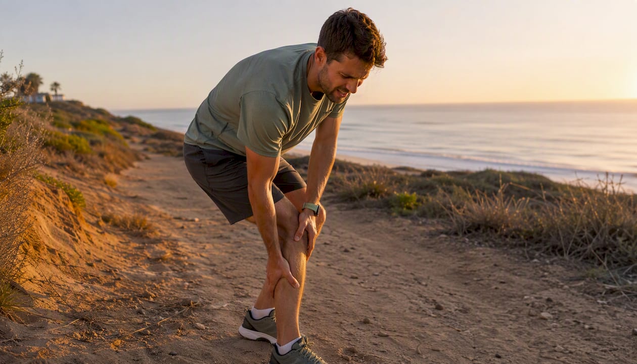Runner pausing with calf muscle cramp outdoors