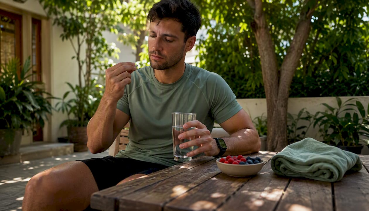 Runner taking magnesium capsule at home
