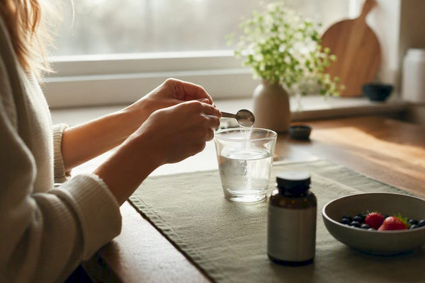 Hands measuring magnesium powder into glass
