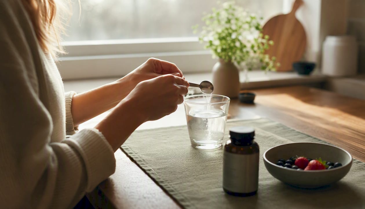 Hands measuring magnesium powder into glass
