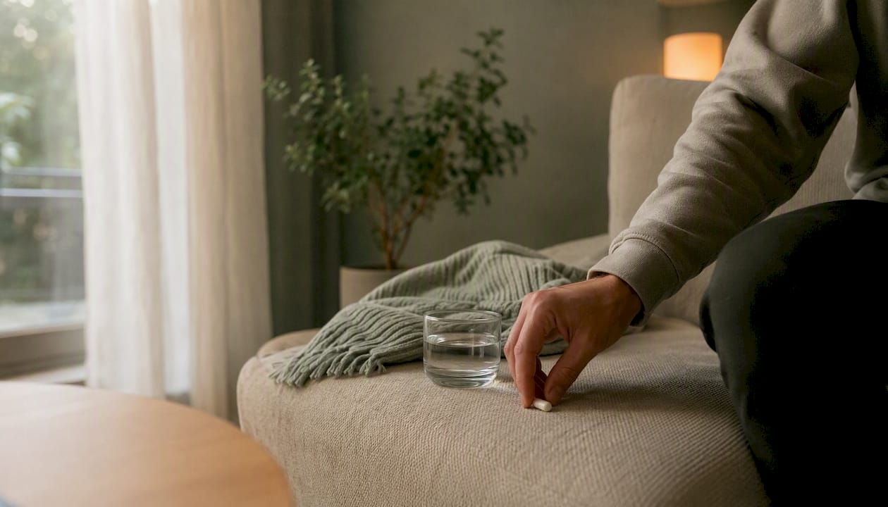 Hand picking up magnesium capsule on nightstand
