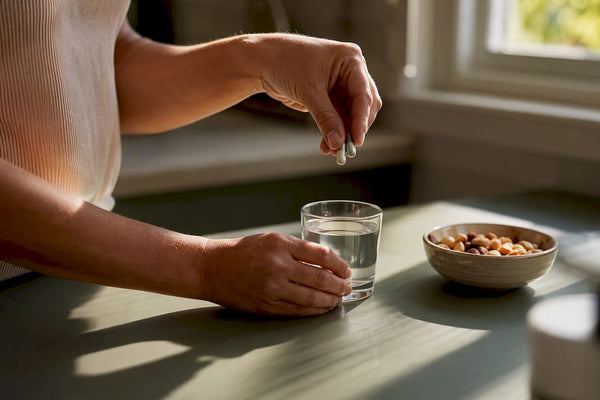 Hands taking magnesium and vitamin D capsules with water