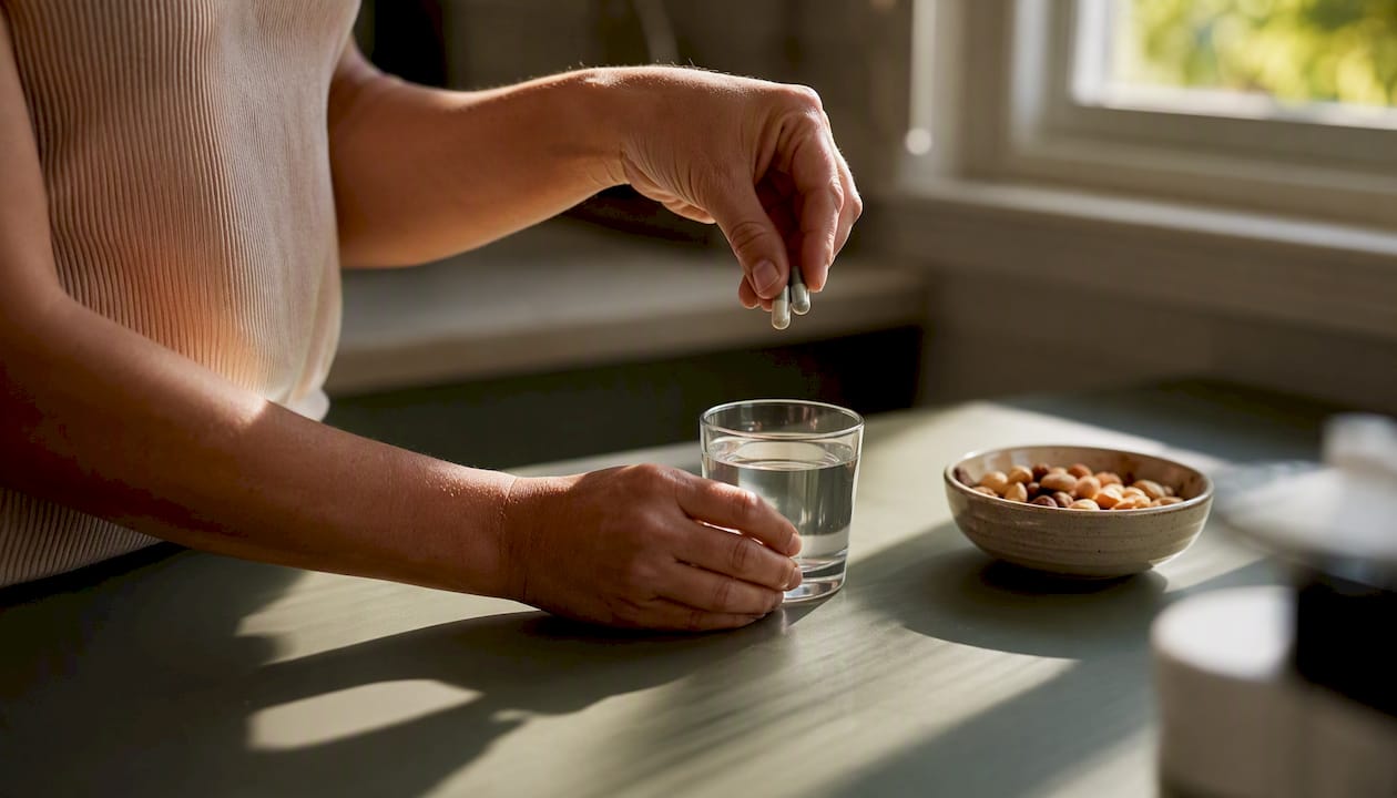 Hands taking magnesium and vitamin D capsules with water
