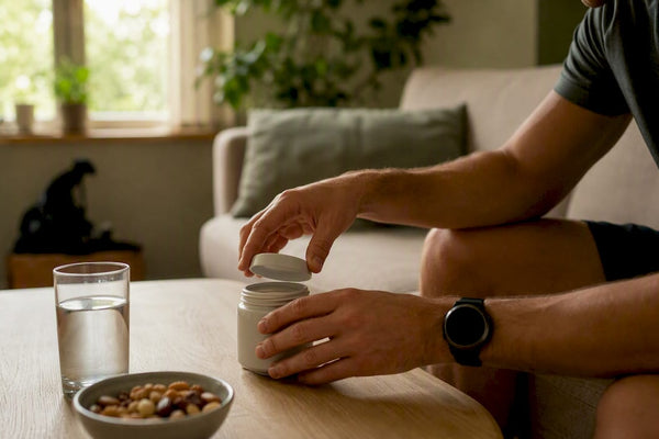 Runner preparing magnesium supplement dose at kitchen counter