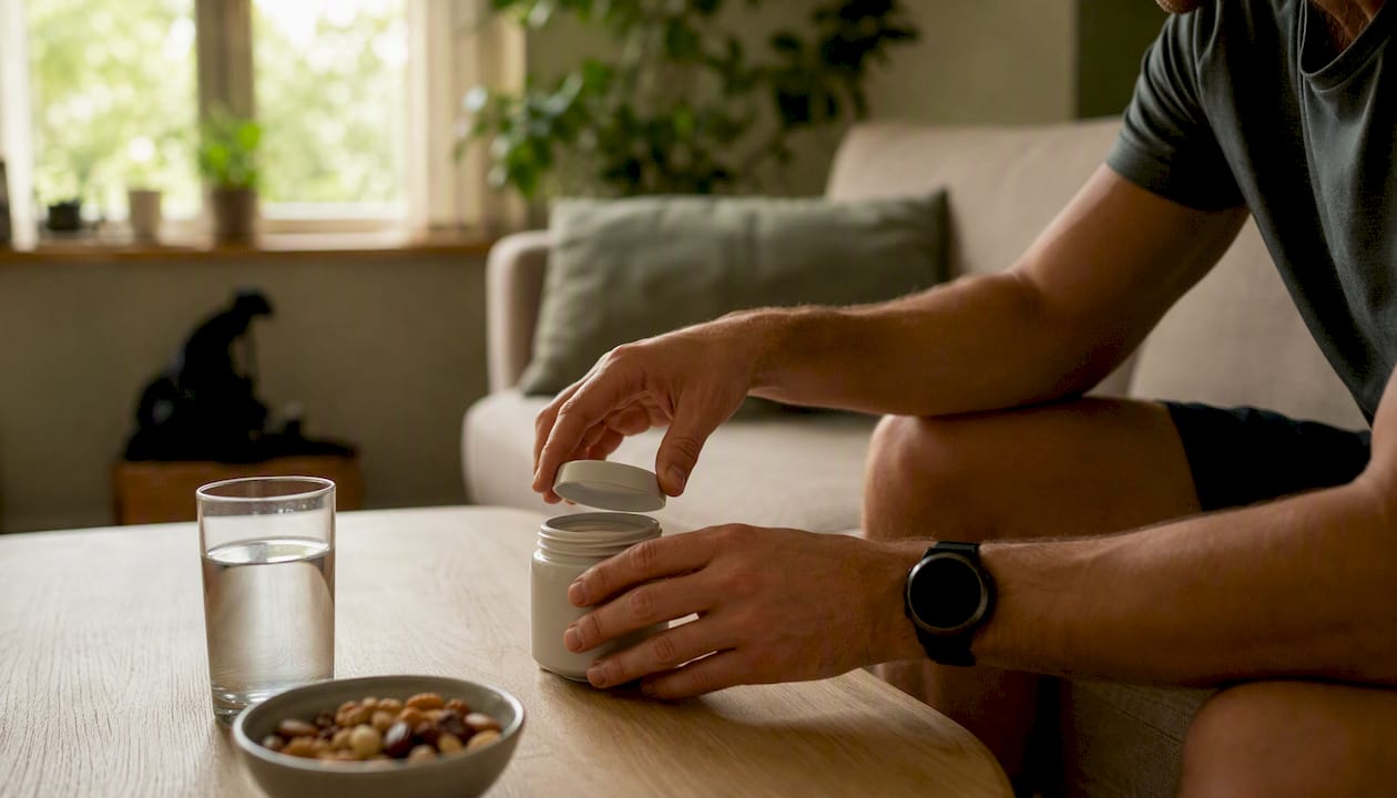 Runner preparing magnesium supplement dose at kitchen counter