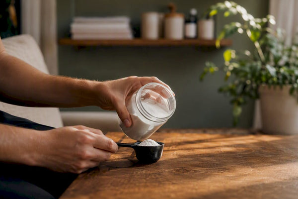 Hands preparing magnesium supplement dose on table