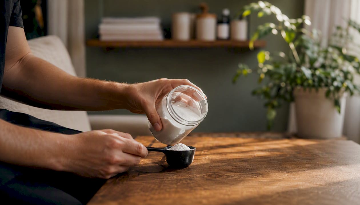 Hands preparing magnesium supplement dose on table