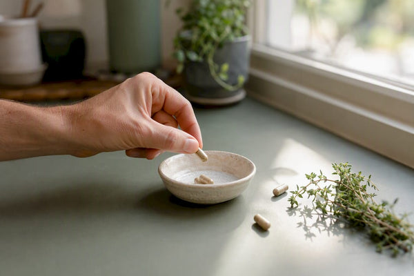 Hand pouring vegan supplement capsules into bowl