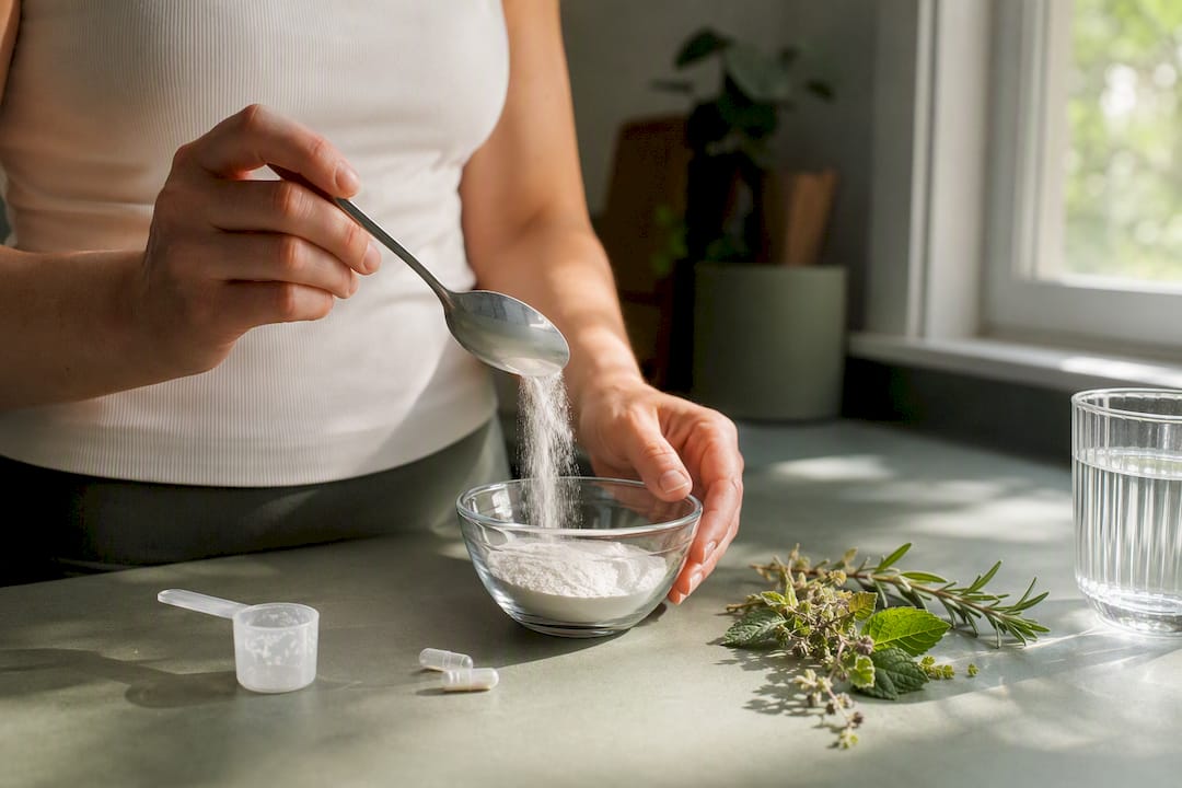 Hands scooping magnesium lactate powder with capsules