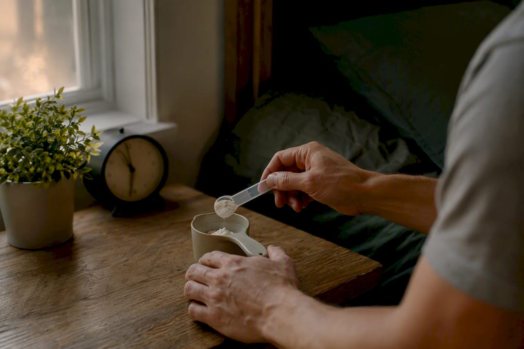 Hands measuring magnesium supplement near bedside
