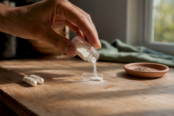Hand pouring magnesium stearate powder into capsule