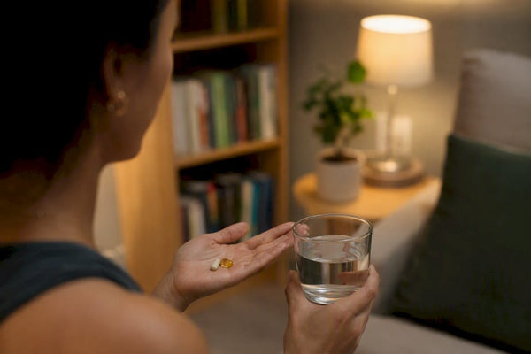 Hand holding water and magnesium and zinc capsules