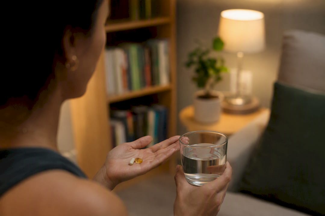 Hand holding water and magnesium and zinc capsules