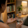 Hand holding water and magnesium and zinc capsules