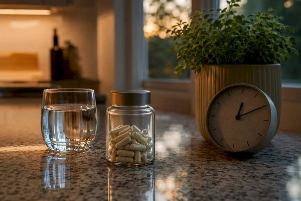 Morning magnesium supplement with water and clock