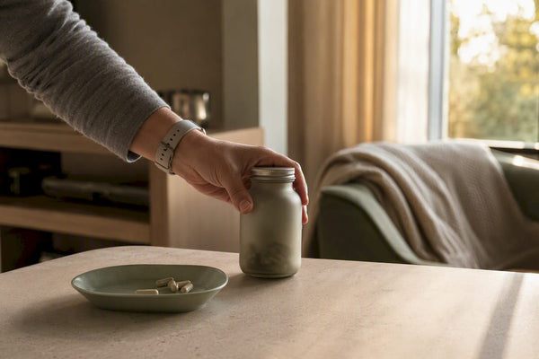 Hand placing supplement bottle on kitchen counter