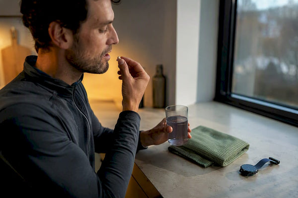 Runner taking an anonymous capsule with water