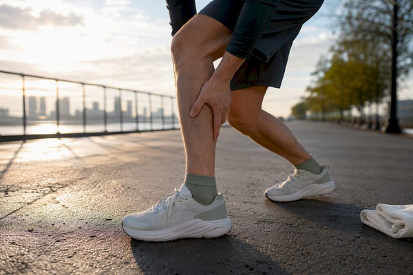 Runner checking lower shin after a run