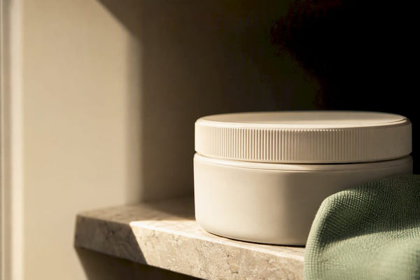 Closed supplement container in cupboard