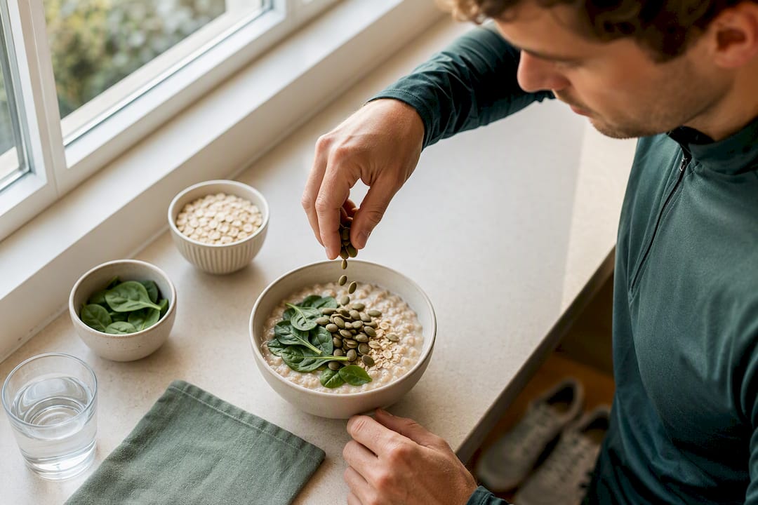 Runner adding seeds to magnesium-rich breakfast