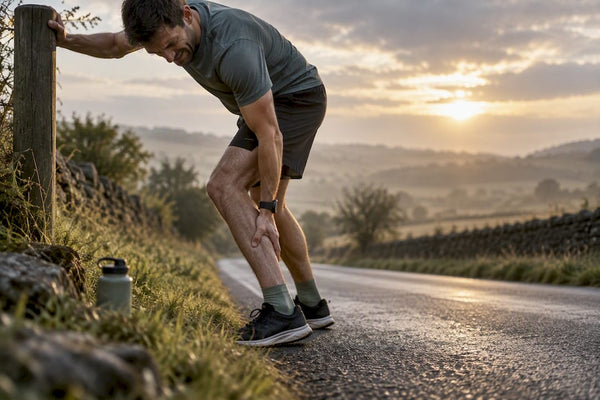 Runner holding cramped calf after run