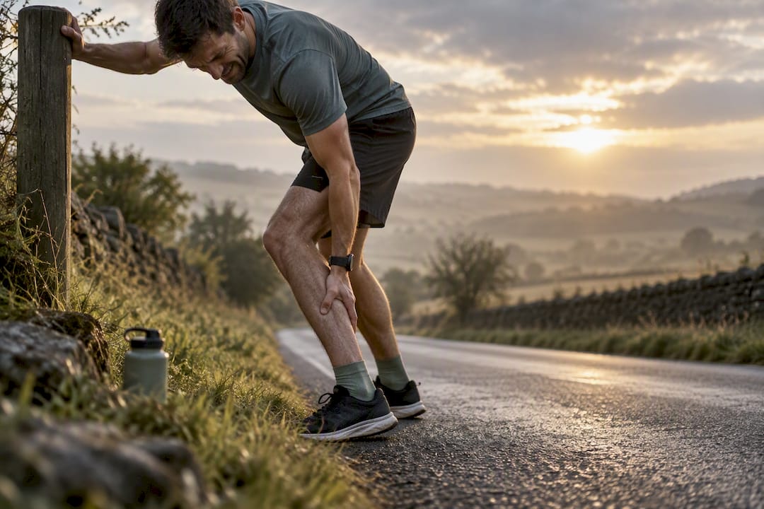 Runner holding cramped calf after run
