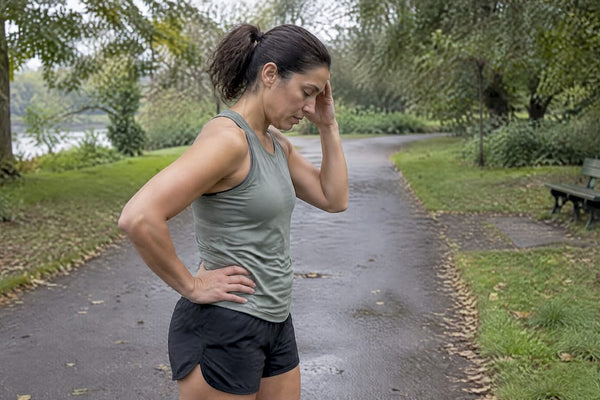 Runner pausing with exercise headache outdoors