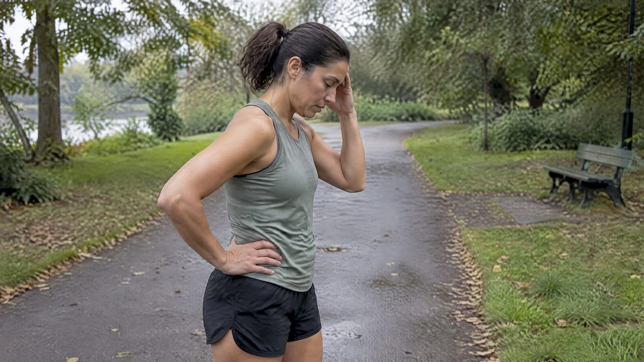 Runner pausing with exercise headache outdoors