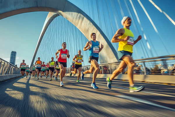 Runners in colourful vests crossing a bridge during the Great North Run 2026