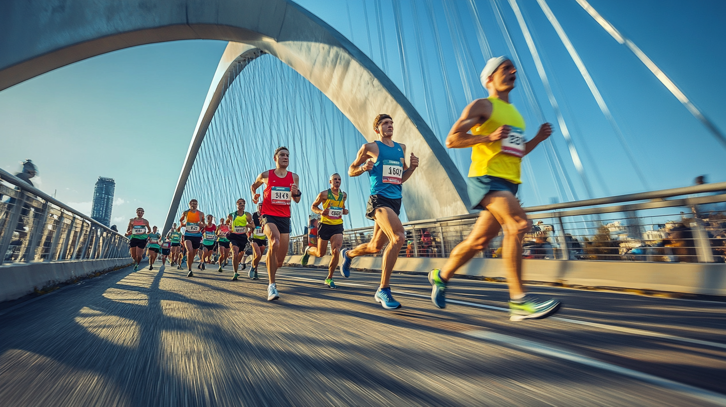 Runners in colourful vests crossing a bridge during the Great North Run 2026